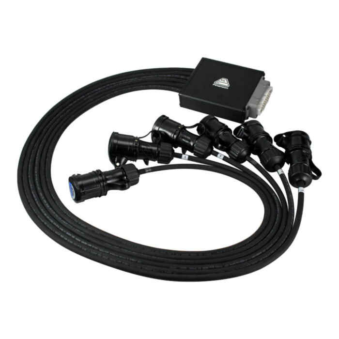 Power breakout from multipin box to 6 lidded CEE and Schuko sockets