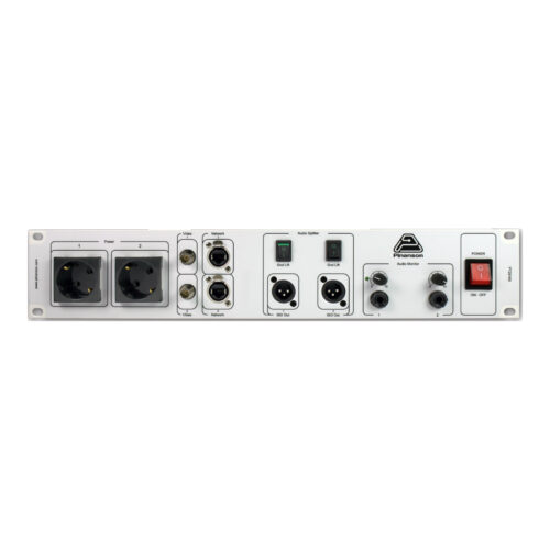 Panel de rack con amplificador de auriculares, splitter de audio XLR aislado, red, v&iacute;deo y 2 Schuko