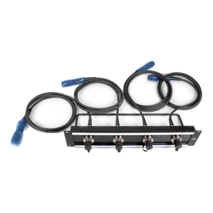 SMPTE 304 patch panel with 4 camera connectors and SMPTE tails with protective sleeves