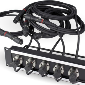 SMPTE 304 patch panel with 5 camera connectors and SMPTE cables connected at the rear