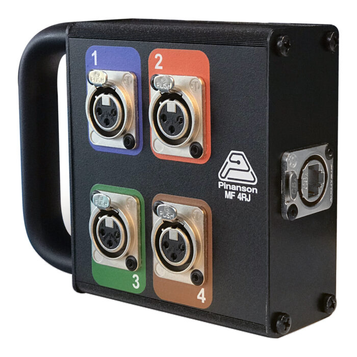 Cajet&iacute;n de escenario RJ45 con asa: 4 XLR hembra por colores y etherCON lateral &ndash; P&iacute;nanson MF 4RJ