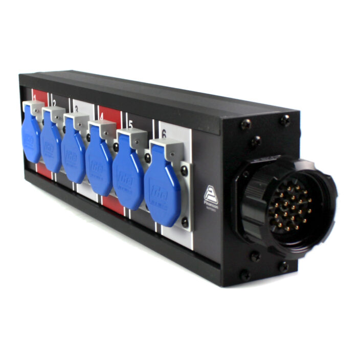 Distribuidor de corriente multipin: 6 Schuko con tapa azul numerados y Socapex de 19 pines