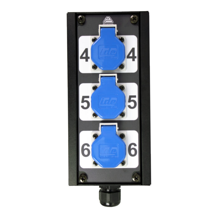Distribuidor de corriente con 3 Schuko con tapa azul numerados 4 a 6 y prensaestopas