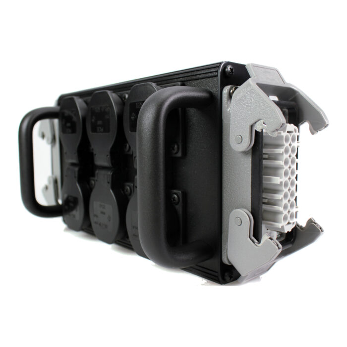 Distribuidor de corriente multipin con asas, bases con tapa y multipin tipo Harting