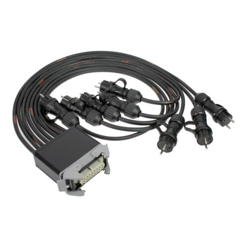 Power breakout from Harting-type multipin to 6 lidded Schuko plugs