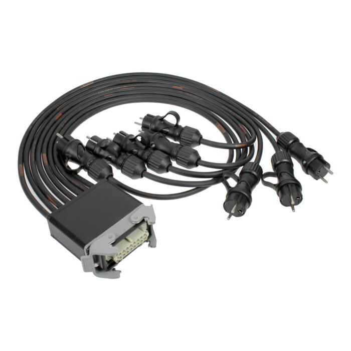 Power breakout from Harting-type multipin to 6 lidded Schuko plugs