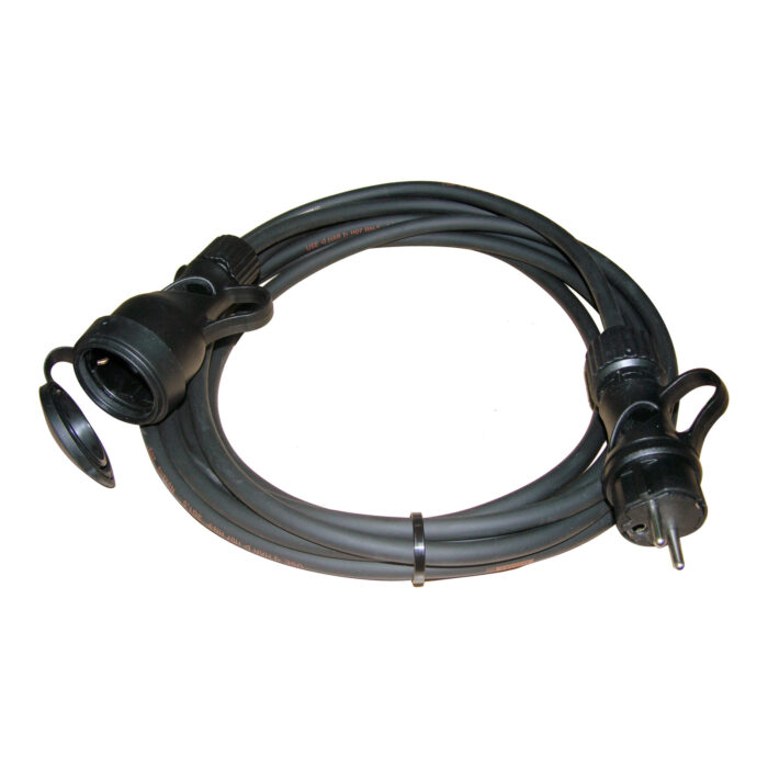 Rubber power extension cable with lidded Schuko plug and socket