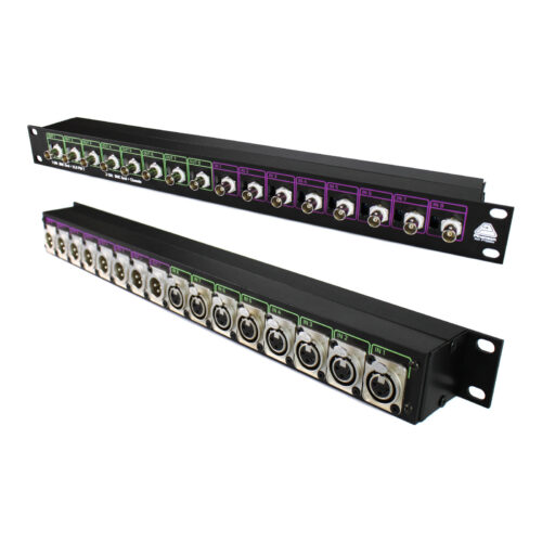 Adaptadores AES/EBU a AES3id en rack 1U: 8 XLR a 8 BNC y 8 BNC a 8 XLR rotulados