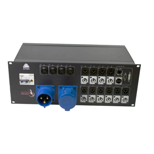Rack speaker stage box: blue CEE input and output, breaker, XLR, speakON and etherCON