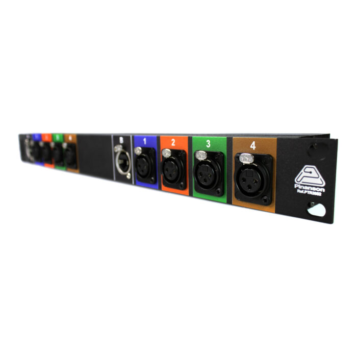 Panel de rack con etherCON y 4 XLR hembra por colores para audio por cable de red &ndash; P&iacute;nanson Stage Box RJ45
