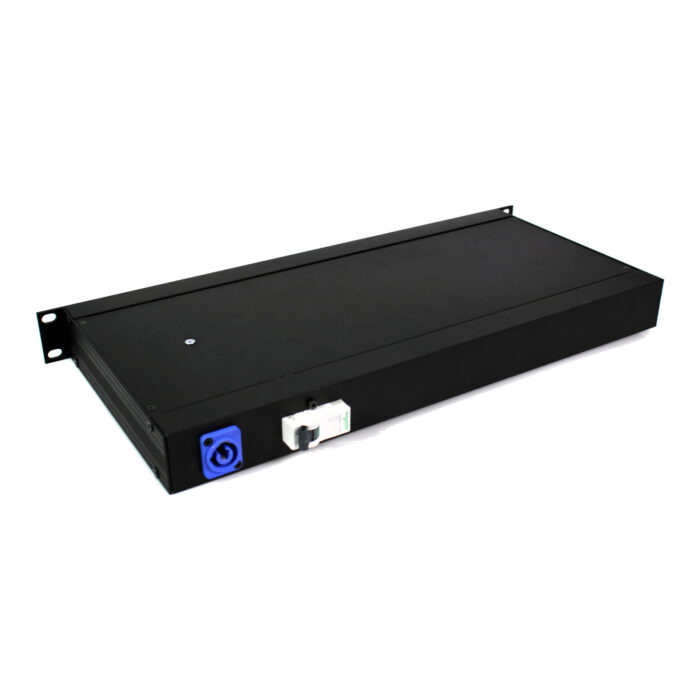 Rear of 1U rack power strip with powerCON input and breaker