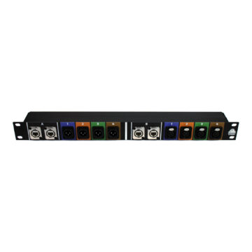 Panel de rack 1U con 2 grupos de 2 etherCON y 4 XLR macho y hembra por colores &ndash; P&iacute;nanson Stage Box RJ45