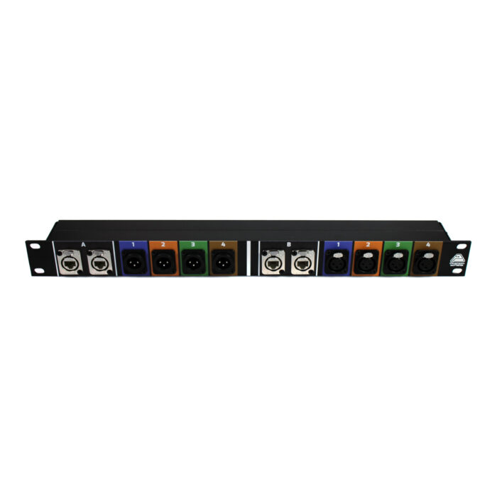 Panel de rack 1U con 2 grupos de 2 etherCON y 4 XLR macho y hembra por colores &ndash; P&iacute;nanson Stage Box RJ45