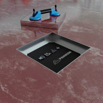 Caja de suelo audiovisual IP65 con tapa para pavimento (baldosa) levantada con ventosa – Pínanson OB IP65
