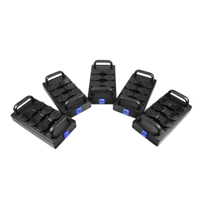 Five 16A stage power distros with Schuko sockets, handles and powerCON input