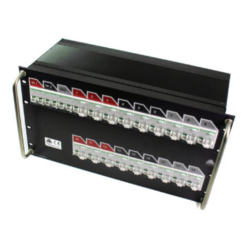 Rack power distro with 3 protected inputs and 18 labelled outputs with breakers