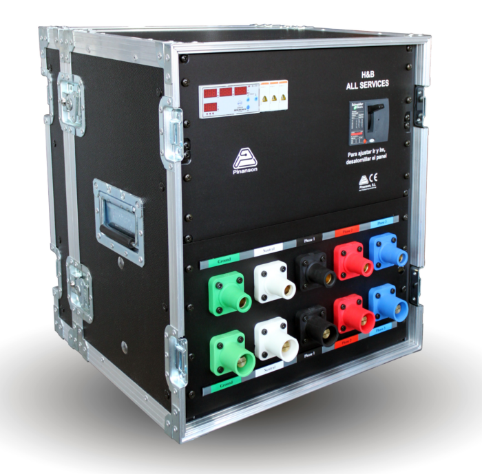 High-power distro in flight case: main breaker, power meter and Powerlock-type single-pole connectors