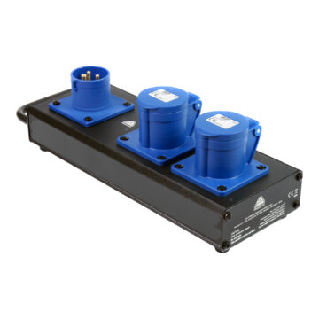 16A power distro with blue CEE inlet and 2 blue CEE sockets