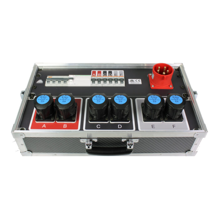 Portable power distro in flight case: red three-phase CEE, breakers and 6 outputs A to F