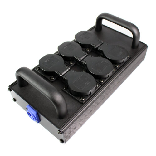 16A stage power distro: 6 Schuko sockets with lids, handles and powerCON input