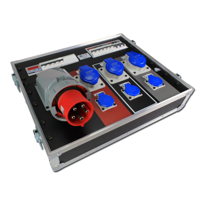 Portable power distro in flight case: three-phase CEE plug, 6 blue CEE sockets and power meter