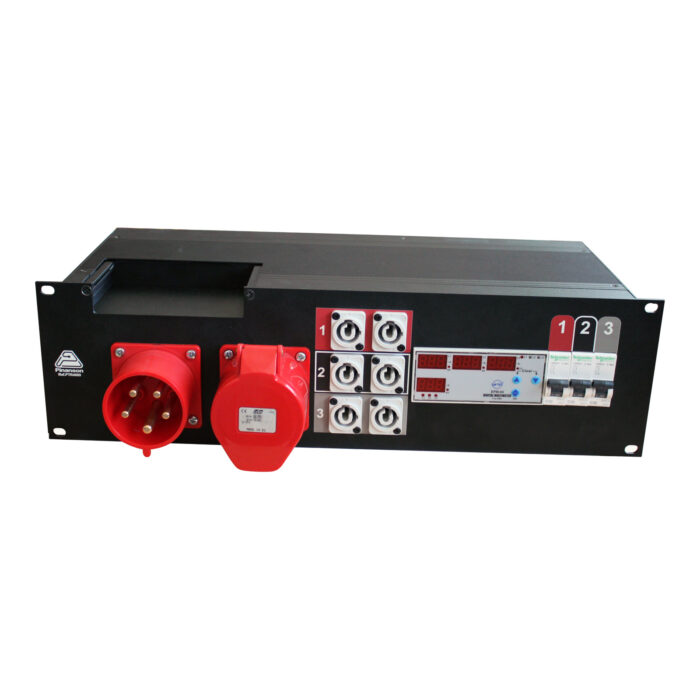 3U rack power distro: red CEE in and out, 6 powerCON, power meter and breakers