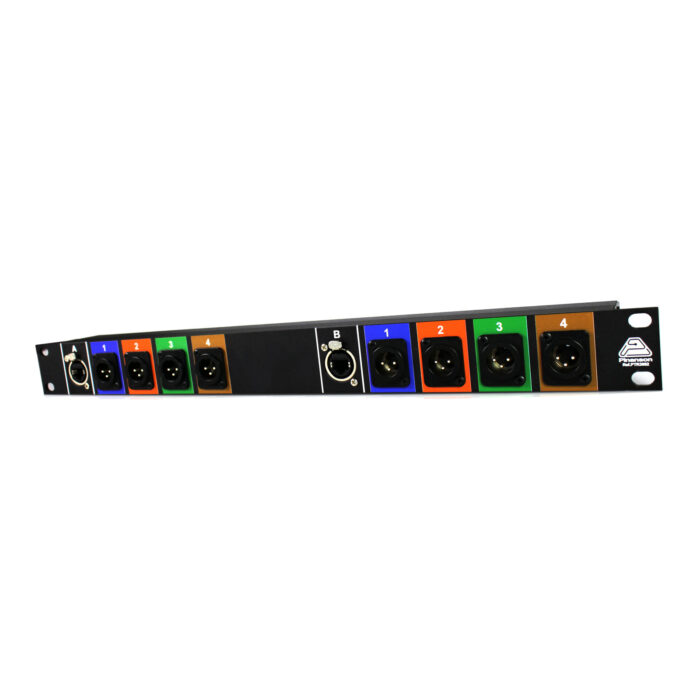 Panel de rack 1U con 2 etherCON y 2 grupos de 4 XLR por colores para audio por cable de red &ndash; P&iacute;nanson Stage Box RJ45
