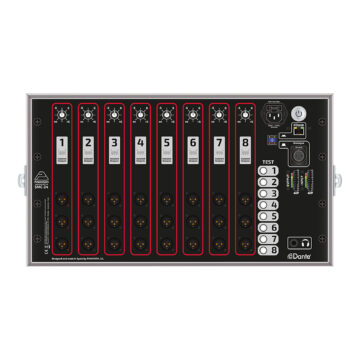 SMC-24 Dante press box splitter in flight case: 24 isolated XLR outputs in 8 groups, gain and test – Pinanson SA SMC Dante