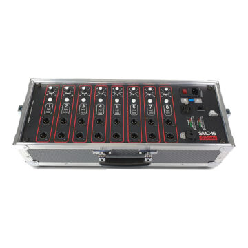 SMC-16 Dante press box splitter in flight case with handle: 16 isolated XLR outputs, gain per group – Pinanson SA SMC Dante