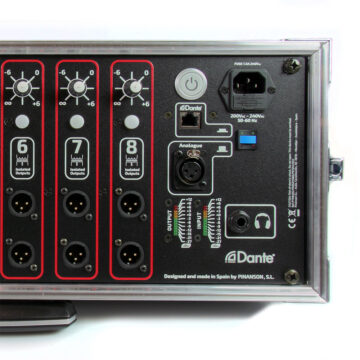 Dante press box splitter detail: Dante RJ45 input, analogue XLR input, meters and headphones – Pinanson SA SMC Dante