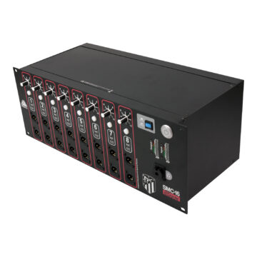 SMC-16 Dante press box splitter in 4U rack: 16 isolated XLR outputs in 8 groups with gain and meters – Pinanson SA SMC Dante