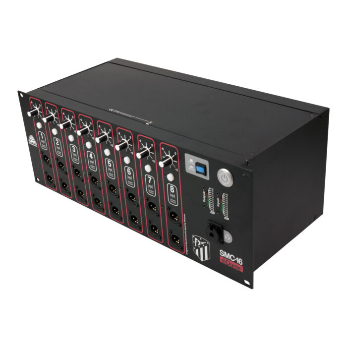 SMC-16 Dante press box splitter in 4U rack: 16 isolated XLR outputs in 8 groups with gain and meters – Pinanson SA SMC Dante