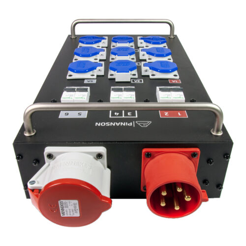 Portable event power distro: red CEE in and out, 9 blue CEE sockets and breakers &ndash; Pinanson UNI